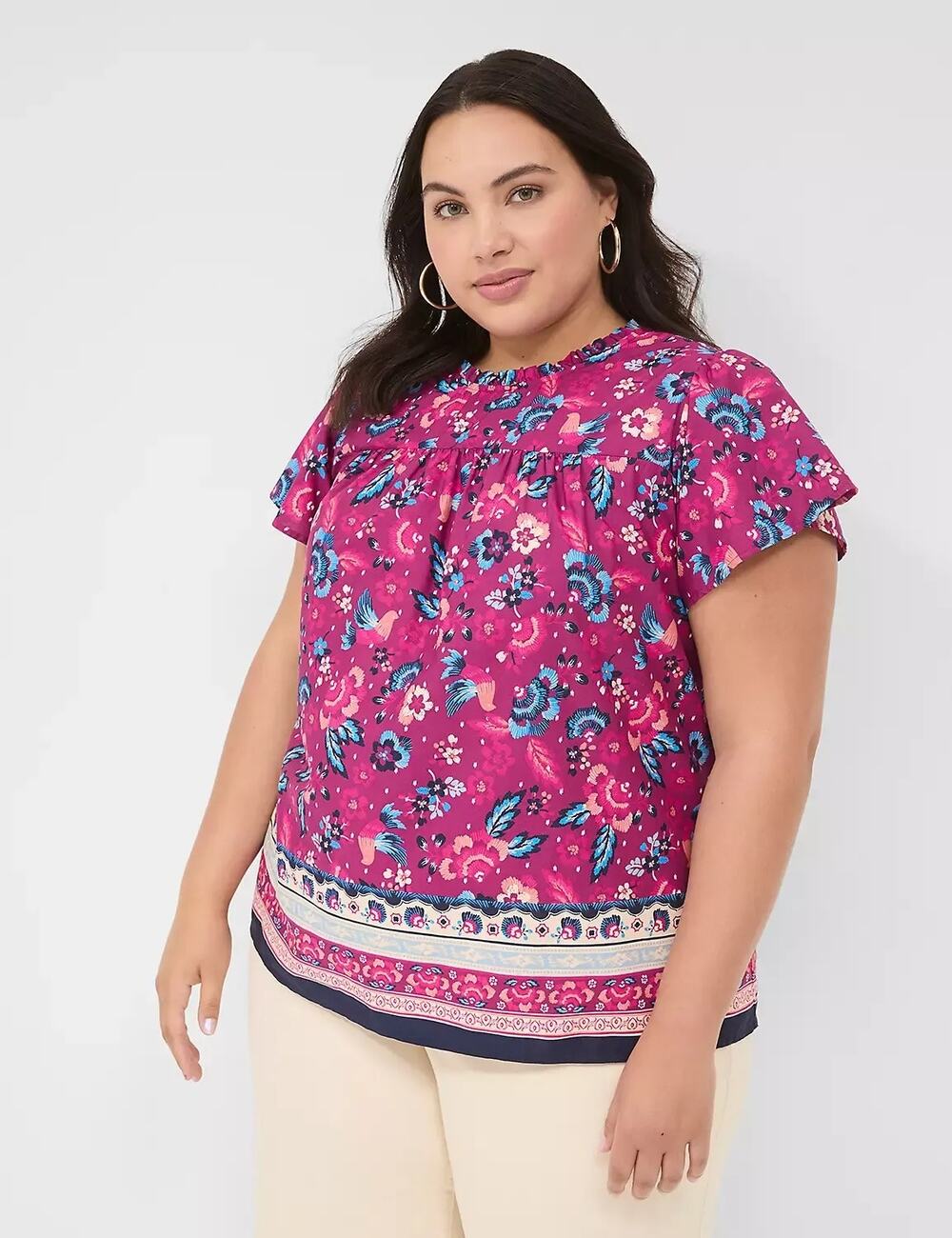 Lane Bryant Ruffle Crew-Neck Top Poplin Pink Floral Bird Short Sleeve Sz 26